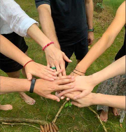Waldbaden, Hände von Menschen eines Teams und einer Gruppe gemeinsam im Kreis